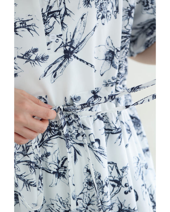 ボタニカルな世界広がるフレア袖エレガントロングワンピース