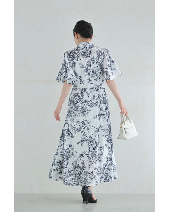 ボタニカルな世界広がるフレア袖エレガントロングワンピース