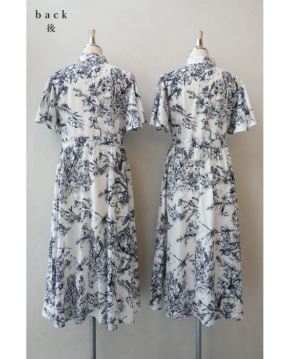 ボタニカルな世界広がるフレア袖エレガントロングワンピース