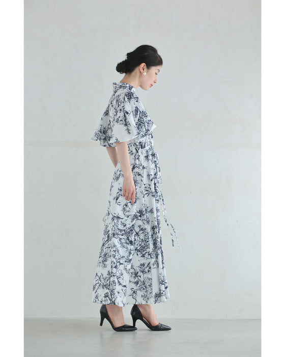 ボタニカルな世界広がるフレア袖エレガントロングワンピース