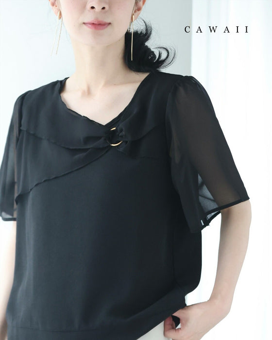 リボンデザインベールのシアー袖ブラウストップス