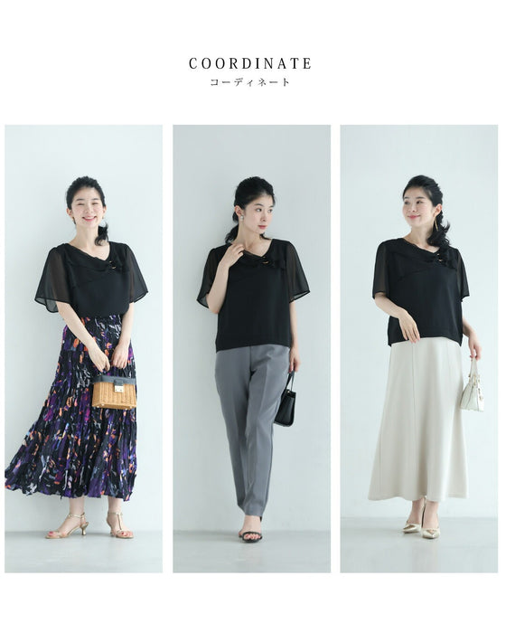 リボンデザインベールのシアー袖ブラウストップス