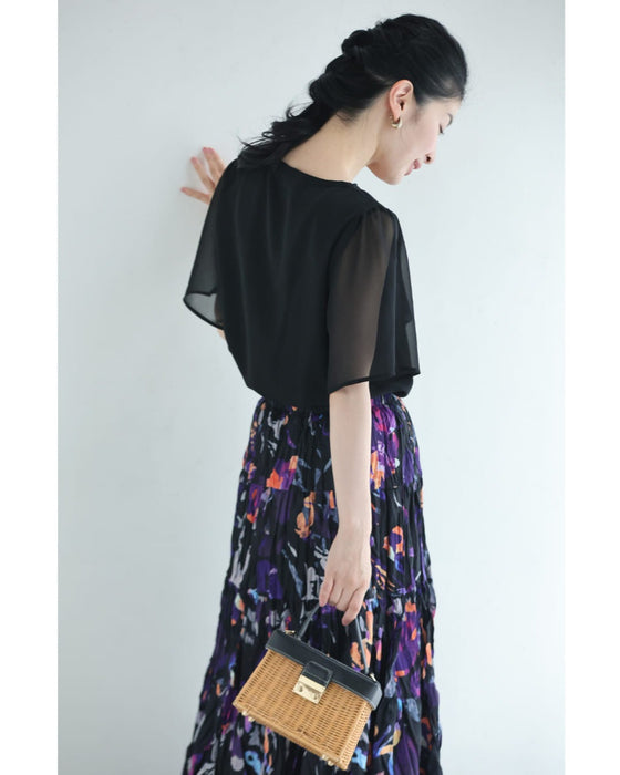 リボンデザインベールのシアー袖ブラウストップス