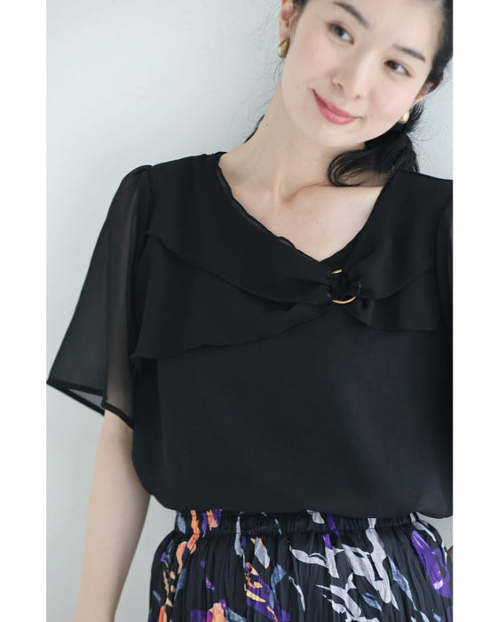 リボンデザインベールのシアー袖ブラウストップス