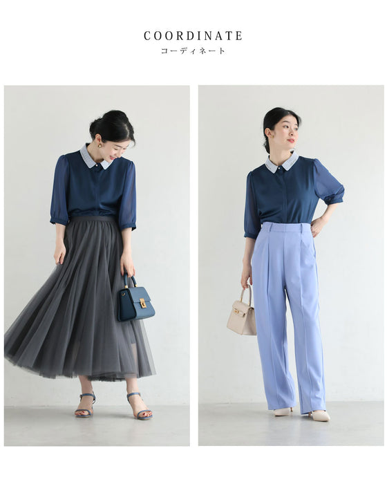 襟に輝くビジューのシアー袖ブラウストップス