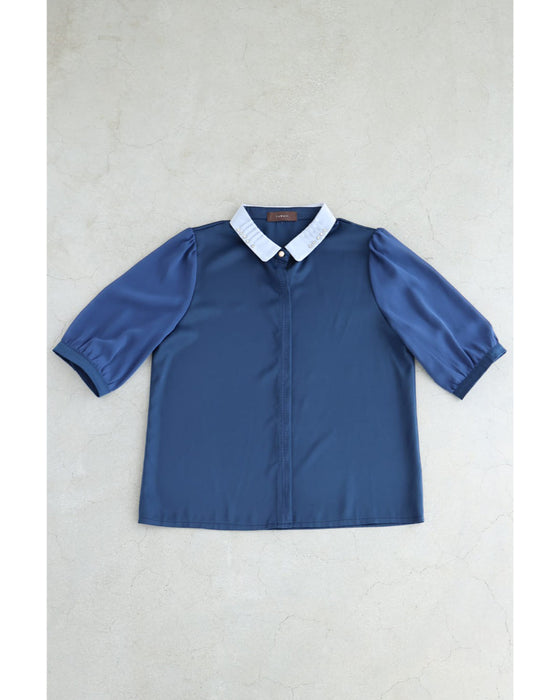 襟に輝くビジューのシアー袖ブラウストップス