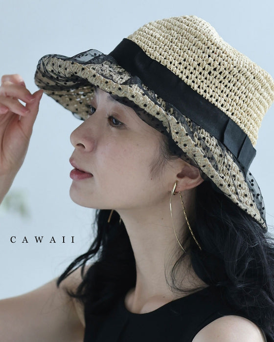 ドットチュールベールの麦わら風ハット