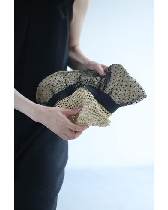 ドットチュールベールの麦わら風ハット