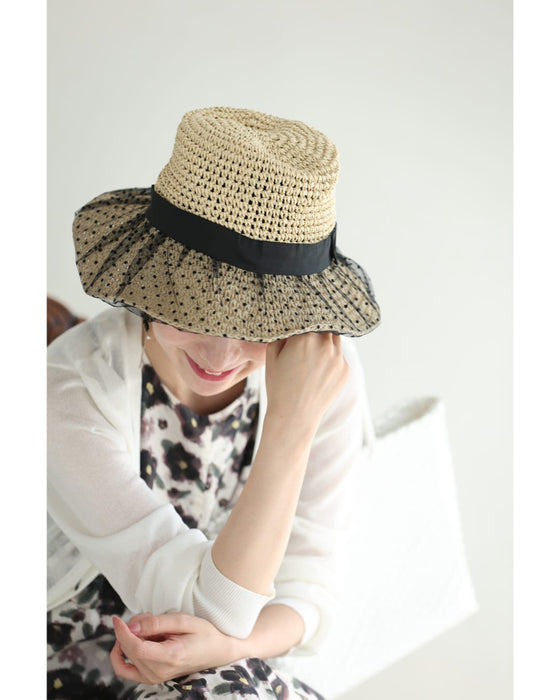 ドットチュールベールの麦わら風ハット