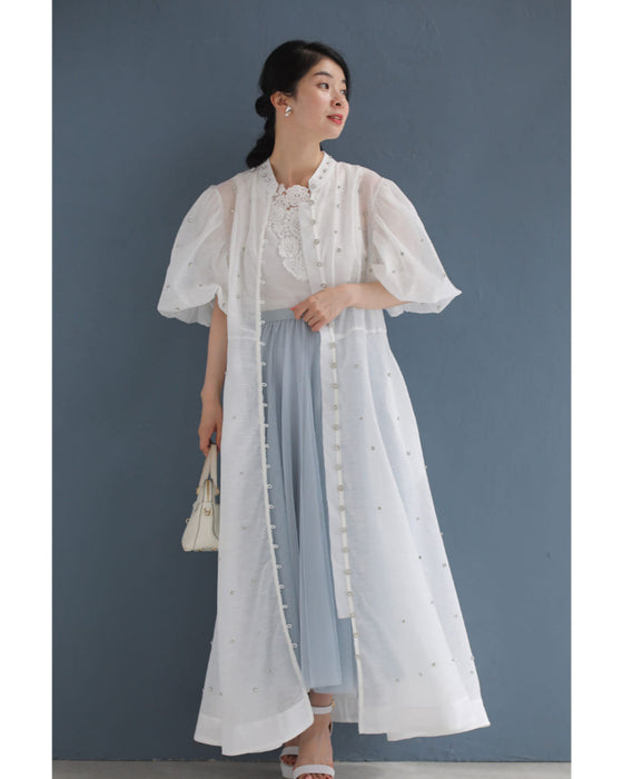 ビジューの粒が降り注ぐふんわりバルーン袖シアーロングワンピース(インナー、リボン付き)