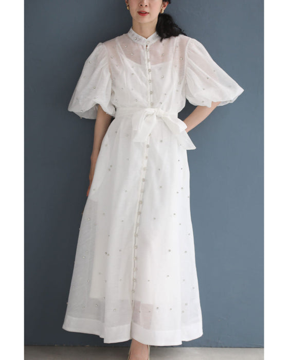 ビジューの粒が降り注ぐふんわりバルーン袖シアーロングワンピース(インナー、リボン付き)