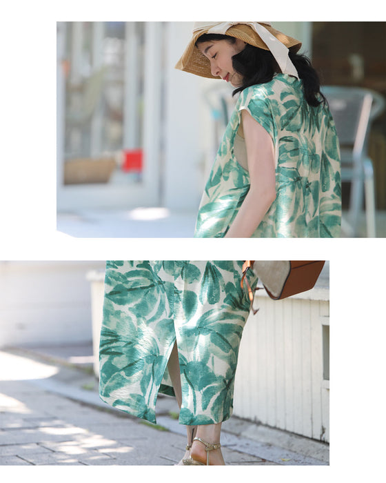 さらり心地よい南国リーフ柄コクーンシルエットワンピース(リボン付き)