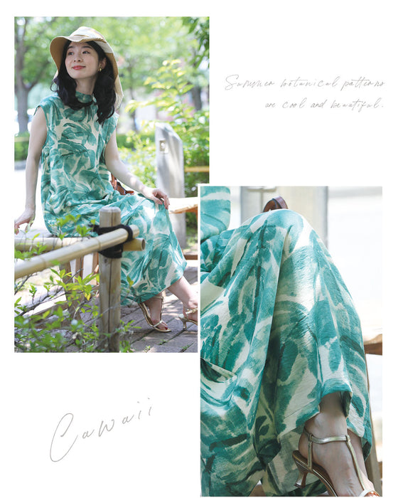 さらり心地よい南国リーフ柄コクーンシルエットワンピース(リボン付き)