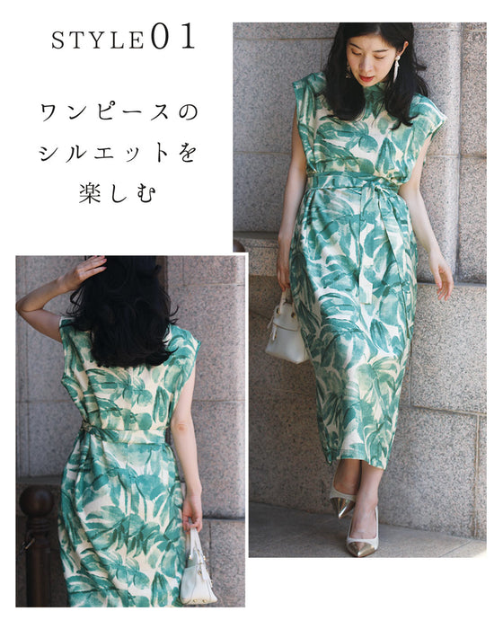 さらり心地よい南国リーフ柄コクーンシルエットワンピース(リボン付き)