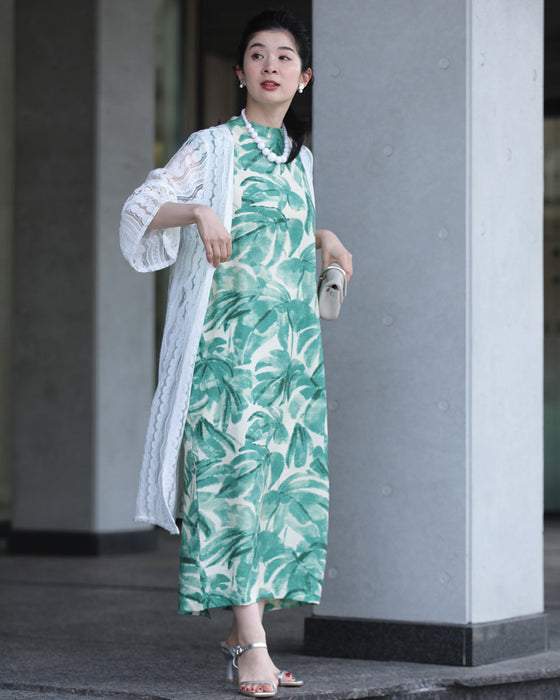 さらり心地よい南国リーフ柄コクーンシルエットワンピース(リボン付き)