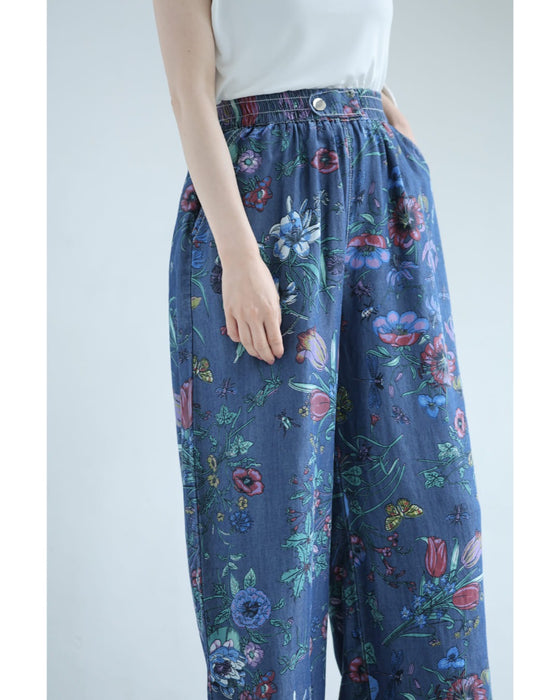 色とりどりの花と息づく昆虫のくたっと柔らかワイドパンツ