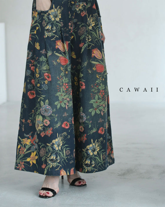 四季を彩る花画デニムワイドパンツ