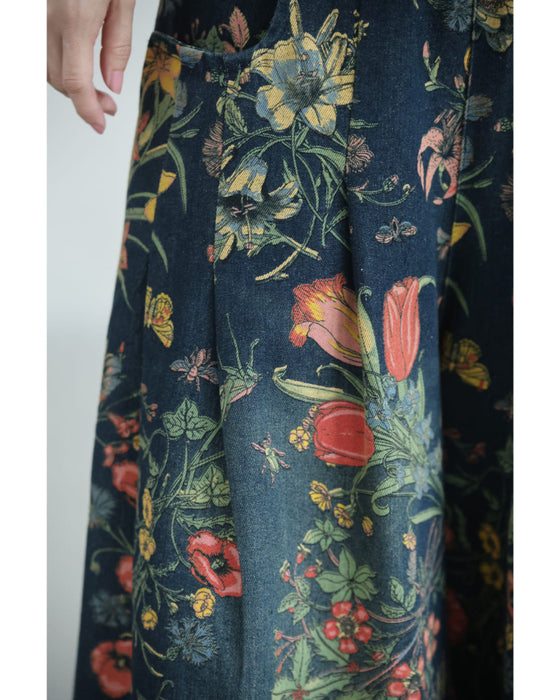 四季を彩る花画デニムワイドパンツ