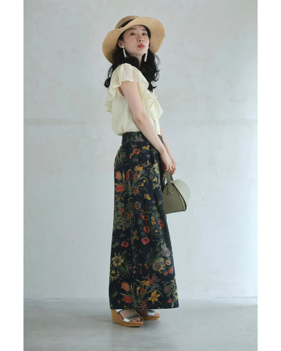 四季を彩る花画デニムワイドパンツ