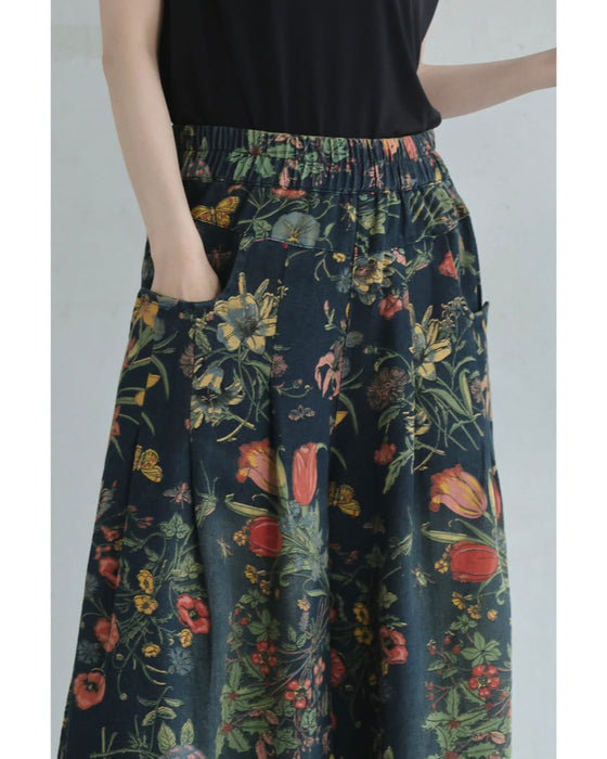 四季を彩る花画デニムワイドパンツ