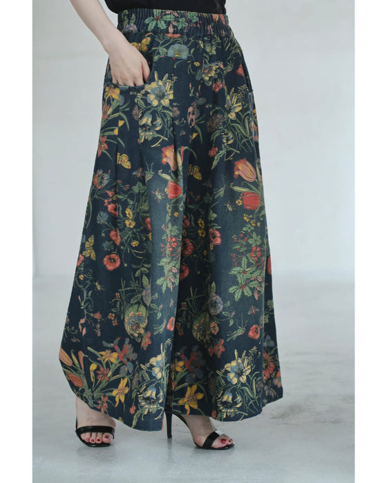 四季を彩る花画デニムワイドパンツ