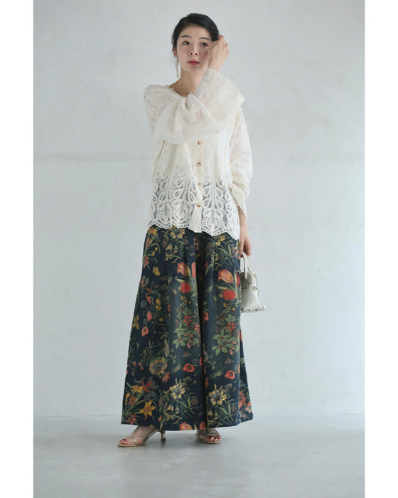 四季を彩る花画デニムワイドパンツ
