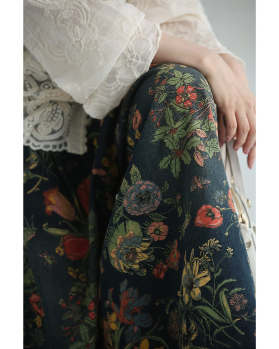 四季を彩る花画デニムワイドパンツ