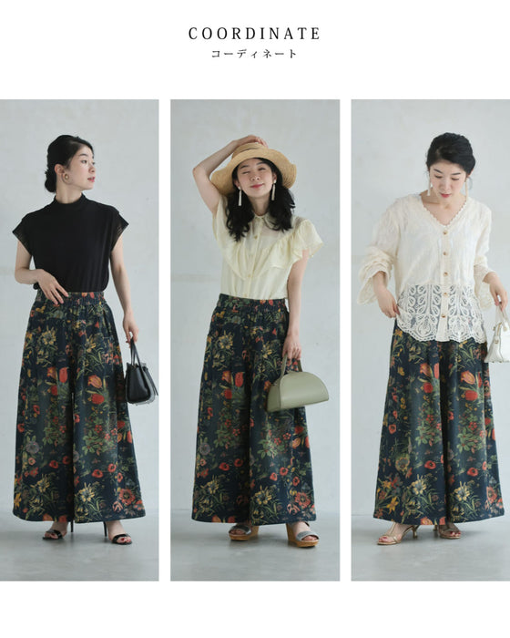 四季を彩る花画デニムワイドパンツ
