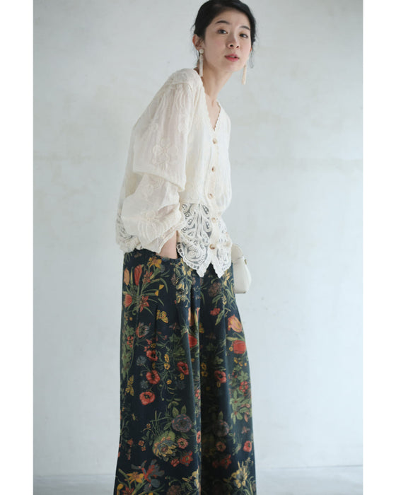 四季を彩る花画デニムワイドパンツ