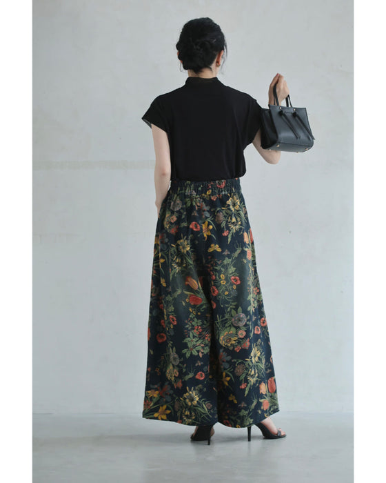 四季を彩る花画デニムワイドパンツ