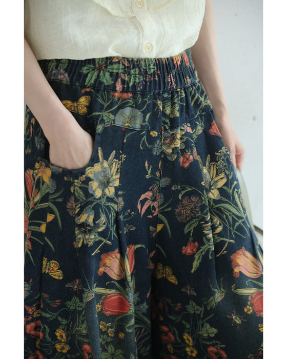 四季を彩る花画デニムワイドパンツ