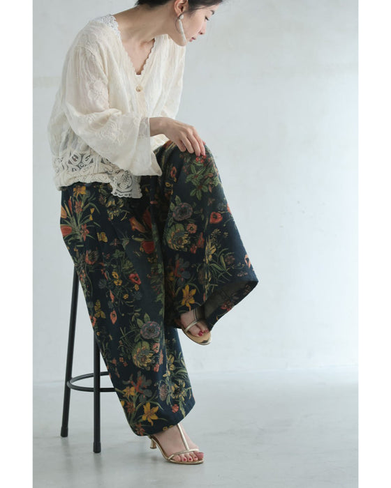 四季を彩る花画デニムワイドパンツ