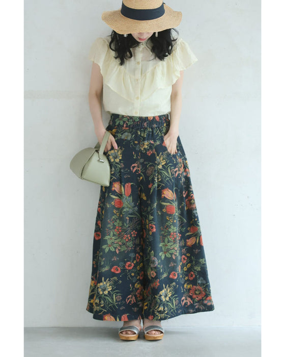 四季を彩る花画デニムワイドパンツ
