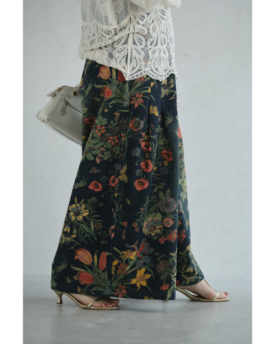 四季を彩る花画デニムワイドパンツ