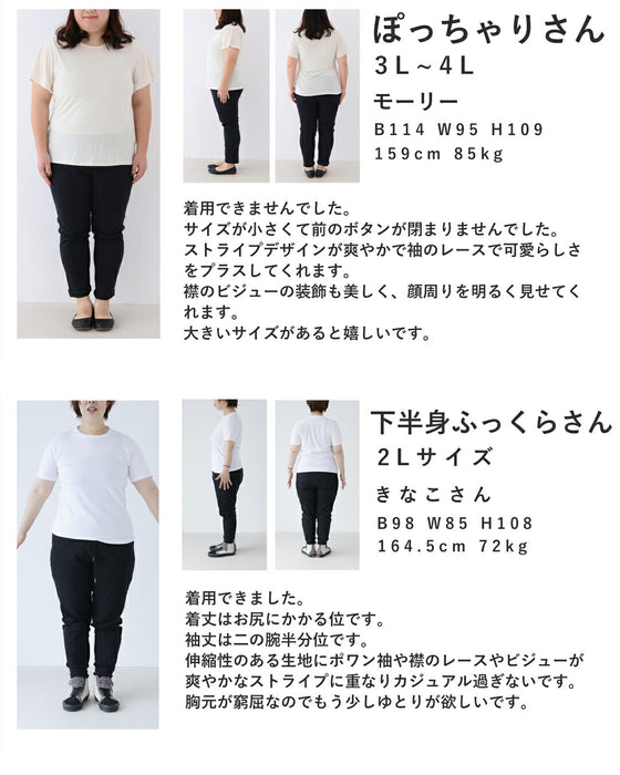 首元に輝くビジュー花襟のポワン袖ストライプシャツトップス