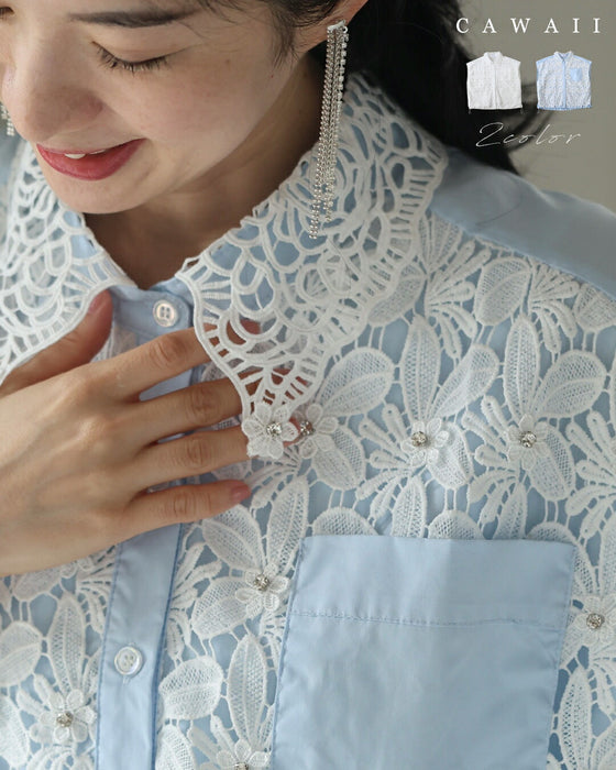 満開の白花レースとビジュー輝く裾絞りシャツトップス