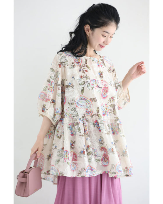 彩り溢れる花とペイズリーのAラインプルオーバートップス