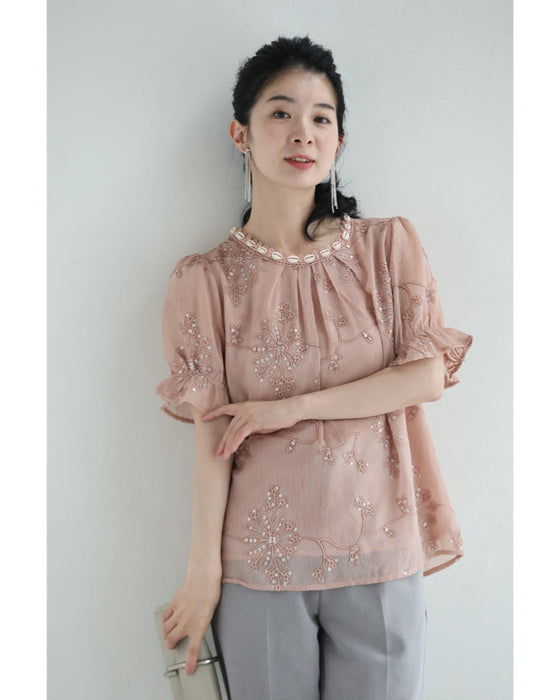 朝露スパンコール煌めくお花のシェルネックブラウストップス