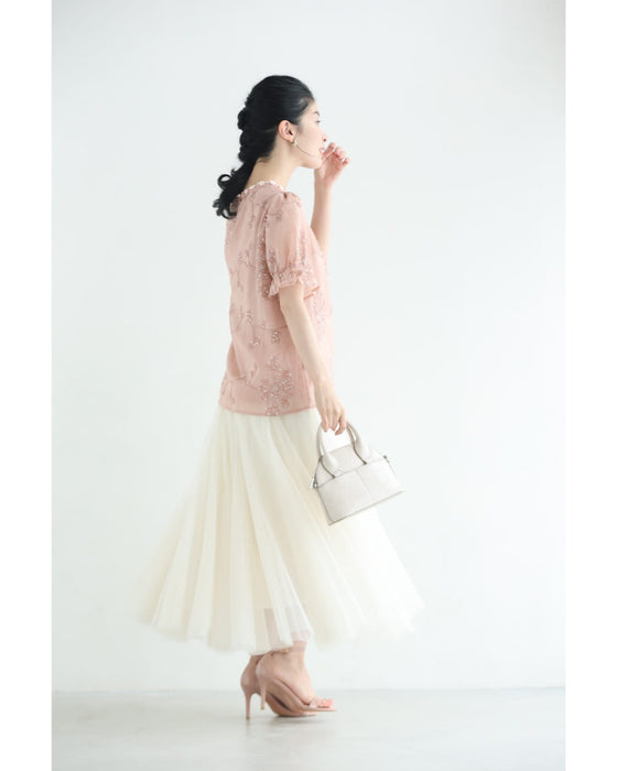 朝露スパンコール煌めくお花のシェルネックブラウストップス