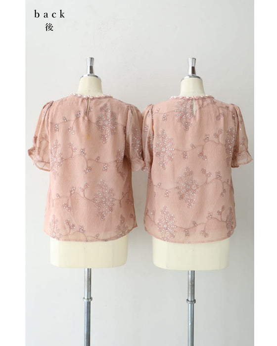 朝露スパンコール煌めくお花のシェルネックブラウストップス