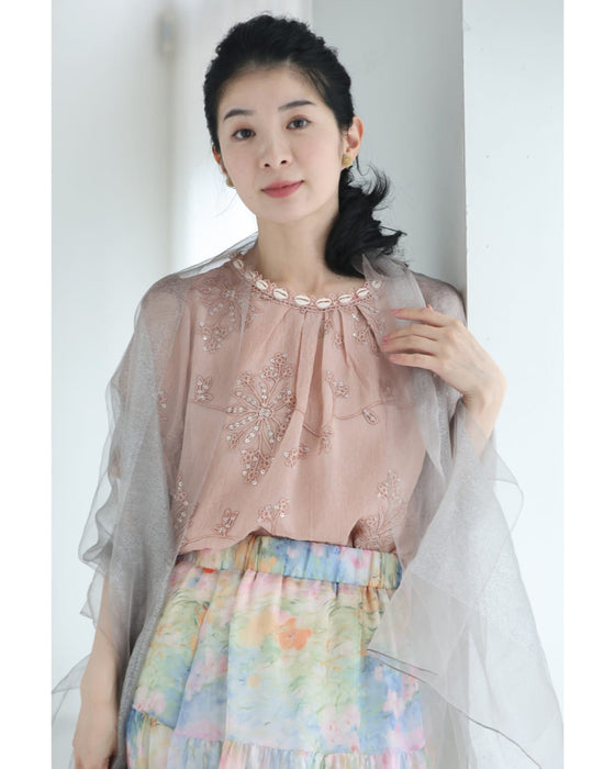 朝露スパンコール煌めくお花のシェルネックブラウストップス