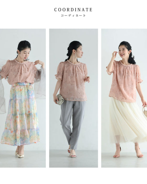 朝露スパンコール煌めくお花のシェルネックブラウストップス