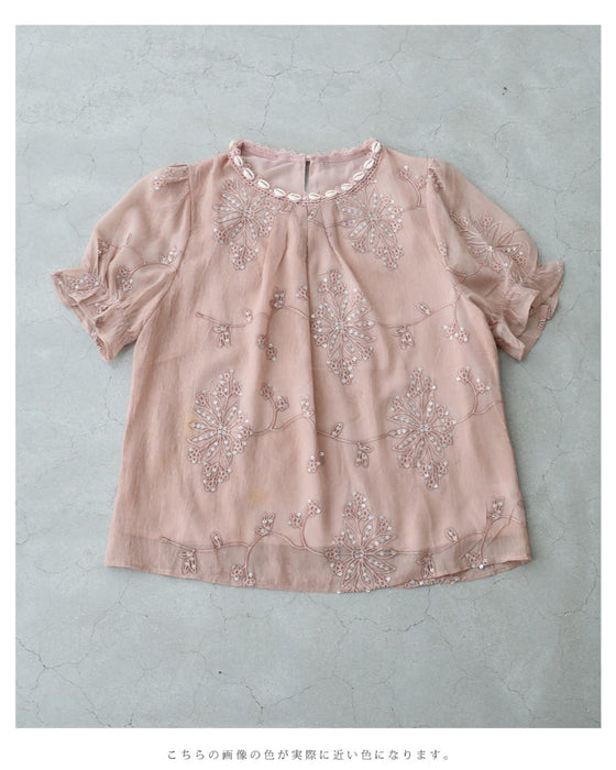 朝露スパンコール煌めくお花のシェルネックブラウストップス