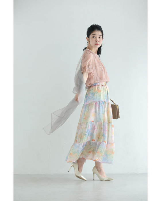 朝露スパンコール煌めくお花のシェルネックブラウストップス