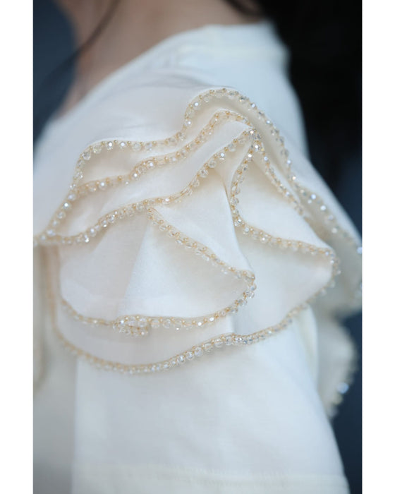 縁取りビジューのアシンメトリーフリルTシャツトップス