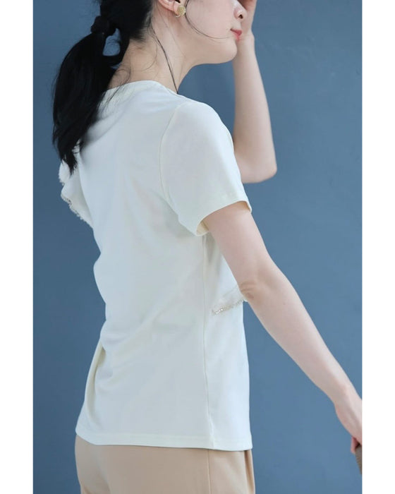 縁取りビジューのアシンメトリーフリルTシャツトップス