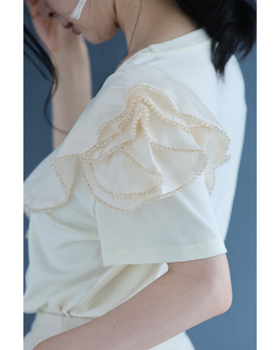 縁取りビジューのアシンメトリーフリルTシャツトップス