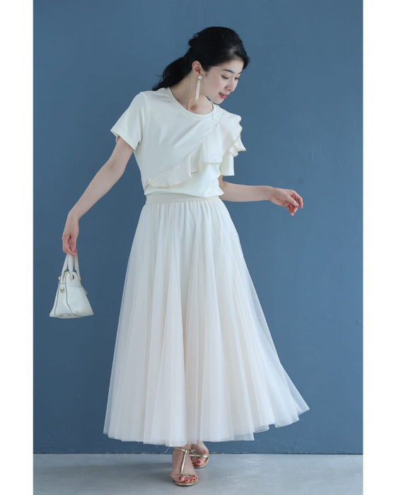 縁取りビジューのアシンメトリーフリルTシャツトップス