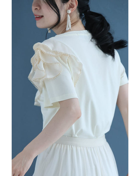 縁取りビジューのアシンメトリーフリルTシャツトップス