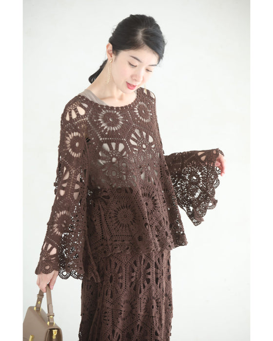 柔らかなクロシェカットソーとスカートの2点セット【set】